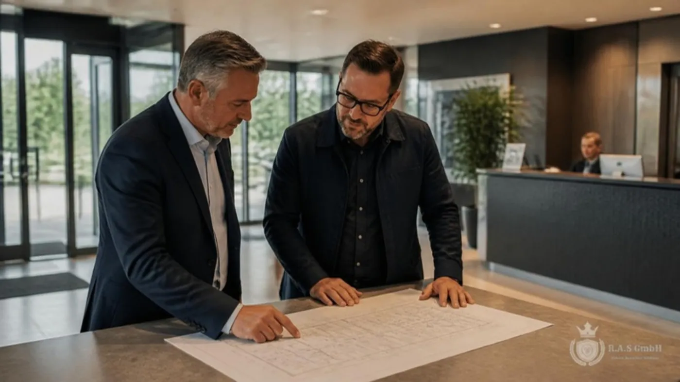 Zwei Männer besprechen einen Sicherheitsplan auf einem Bauplan